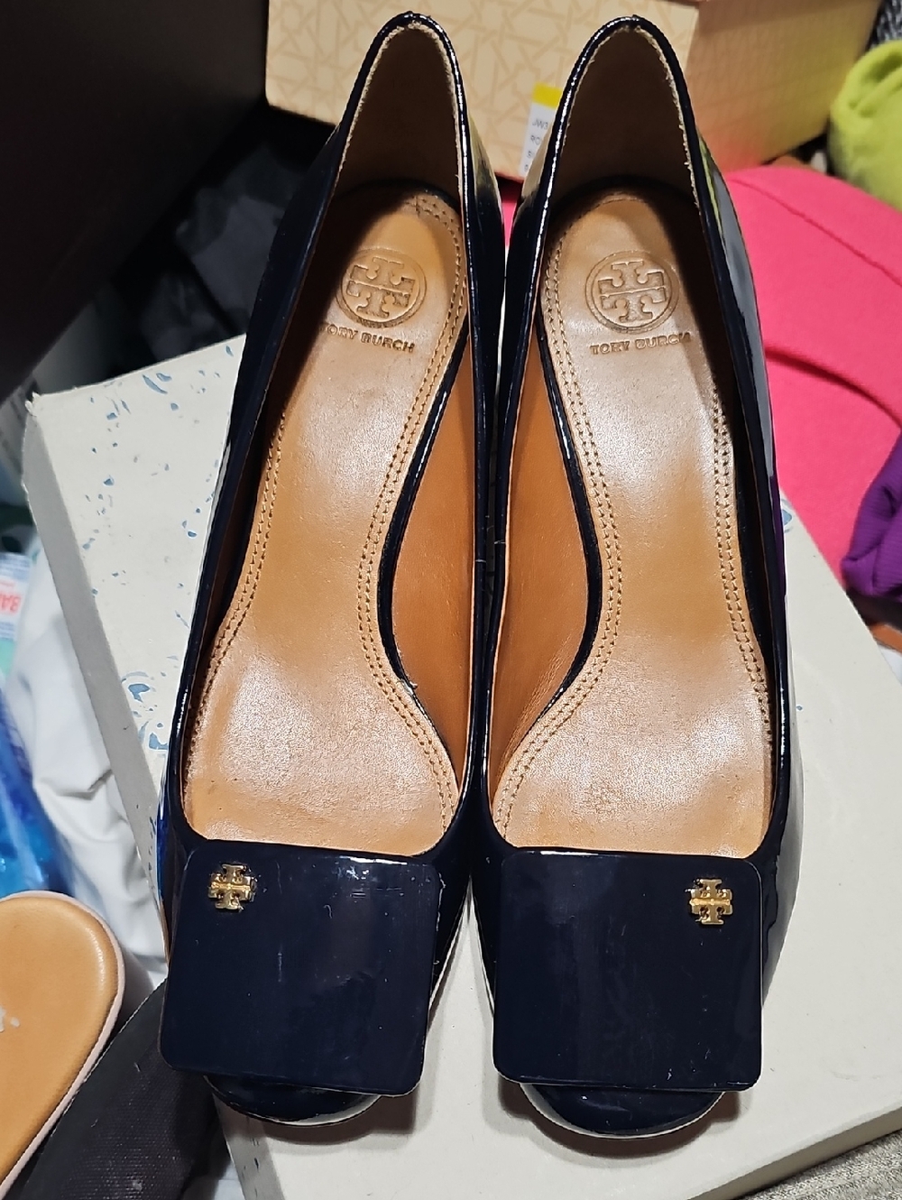 Tory Burch Navy Patent Peep-Toe Heels with Gold Logo